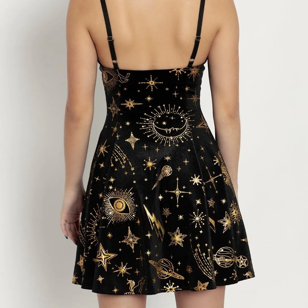 SKY DIAMONDS GOLD VELVET MINI STRAPPY DRESS - Picture 2 of 5